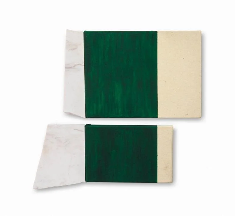 Fragmentos-verde , 2019. Óleo sobre lienzo y mármol. 57 x 60 cm.