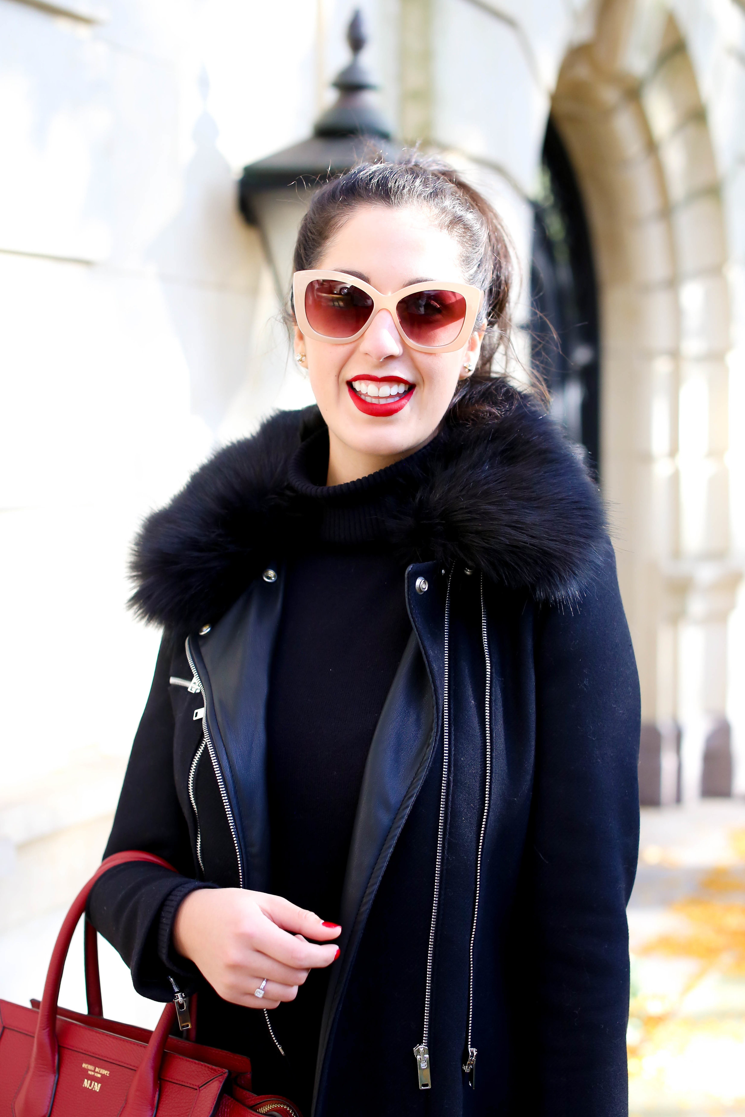 Madalyn Manzeck photographed by Maya McDonald in Chicago. 2016. Coat Zara // Sweater French Connection // Jeans Zara (similar) // Handbag Henri Bendel // Boots Zara (similar) // Sunglasses LC Lauren Conrad // Earrings Kate Spade // Lipstick Stila