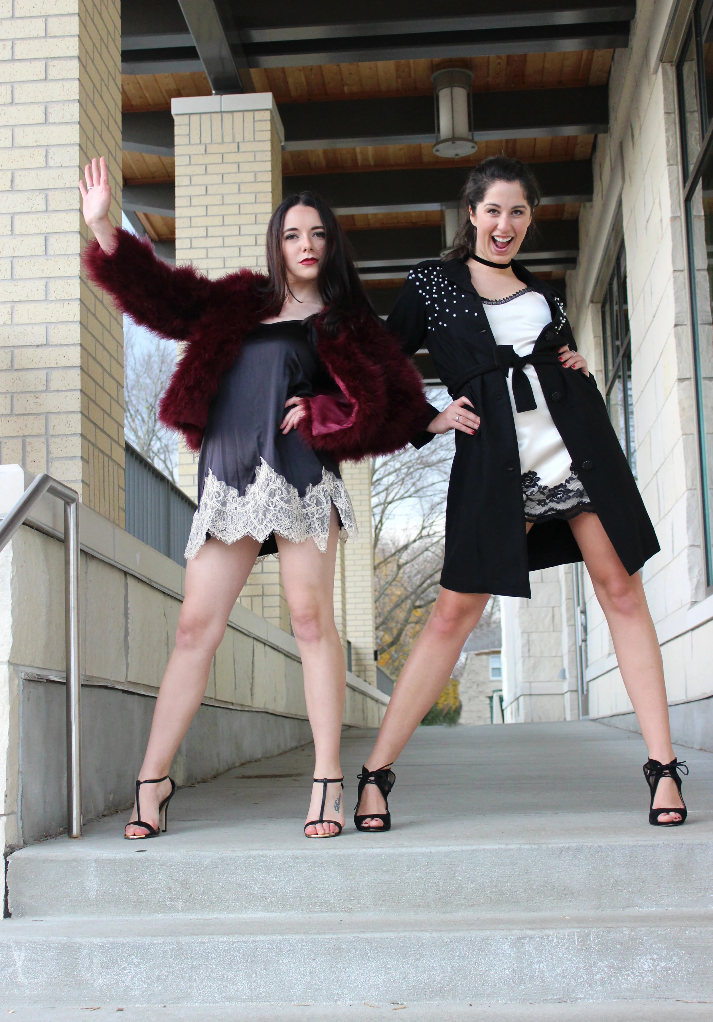 Courtney Pelot + Madalyn Manzeck photographed by Cassie Sterwald in Cedarburg, WI in 2016. Slips + Black Coat Madalyn Joy Designs | Feather Coat Line + Dot | Madalyn's Black Heels Nine West | Courtney's Black Heels Call It Spring