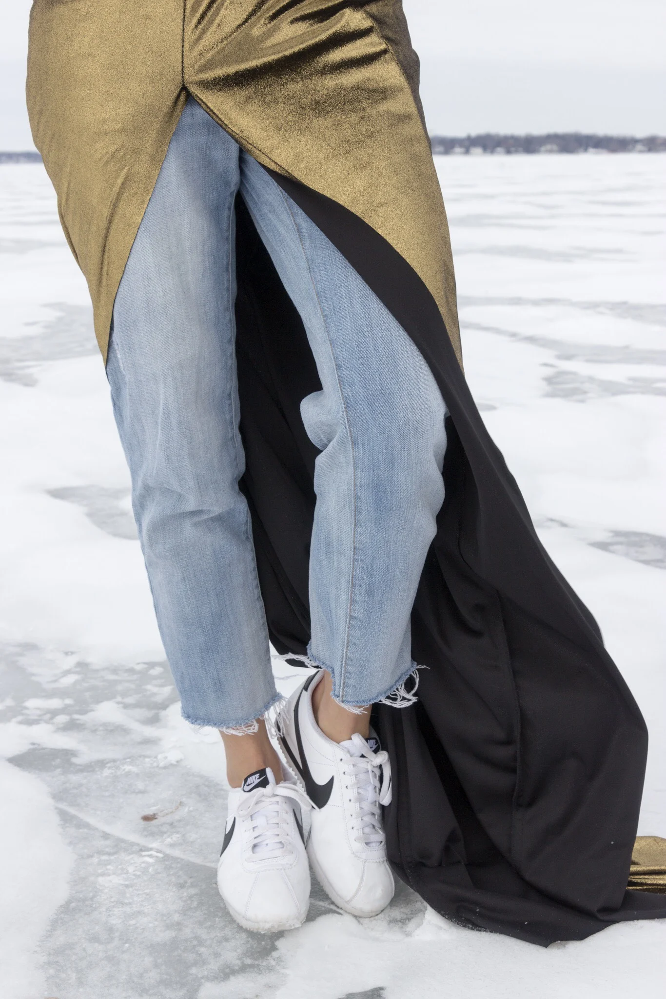 Lauren Engelke photographed on Lake Mendota in Madison, WI. 2017. Wearing Madalyn Joy Designs and denim and shoes from her own collection. 