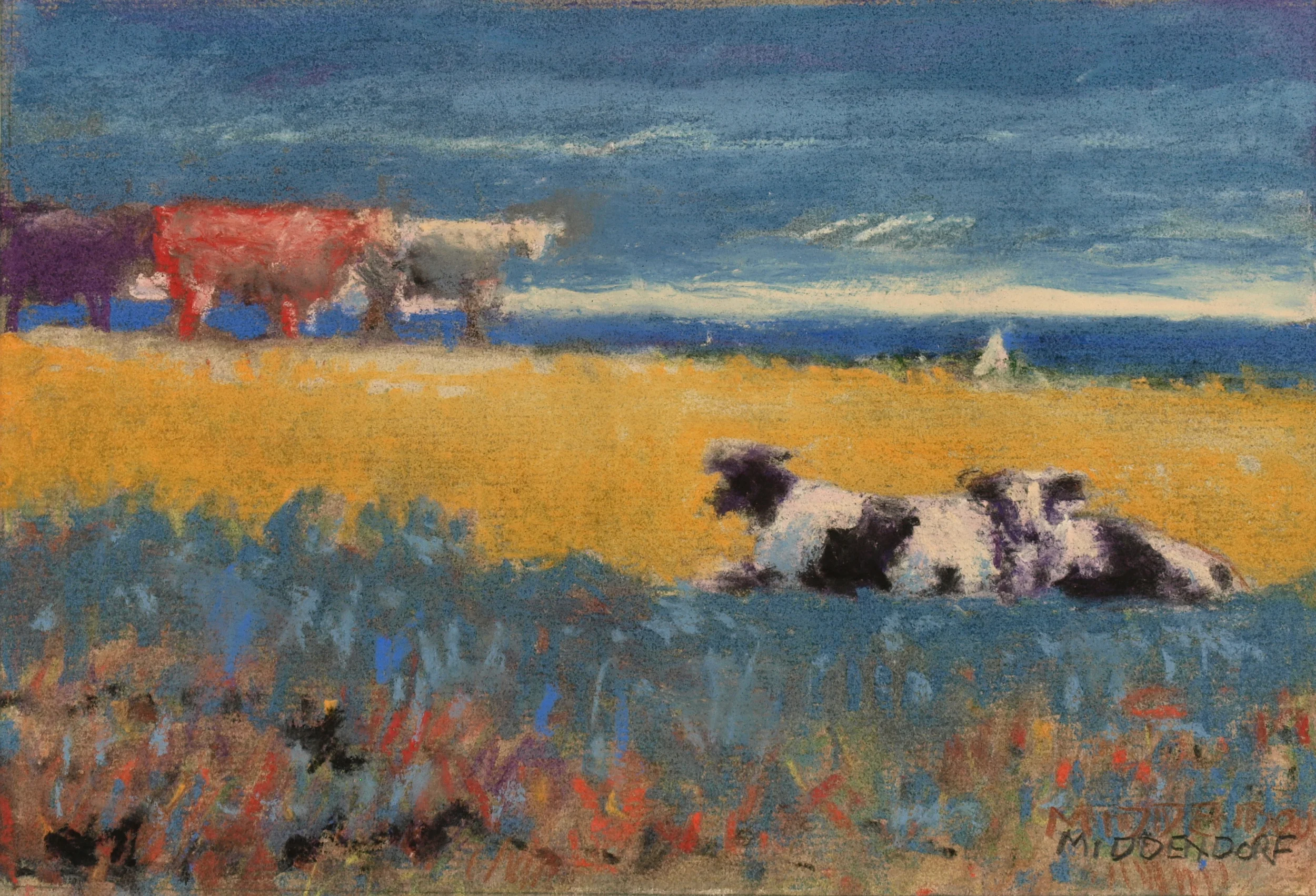  Cows in Pasture, pastel 