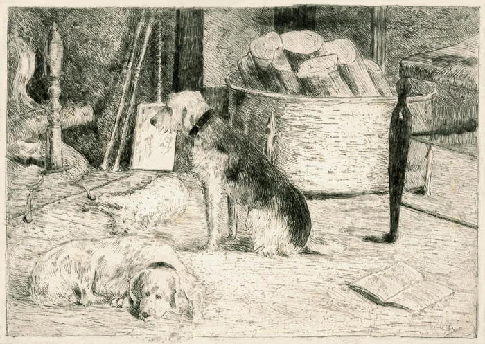 J Alden Weir , Three Dogs by a Fire , etching on paper 8 x 11 inches