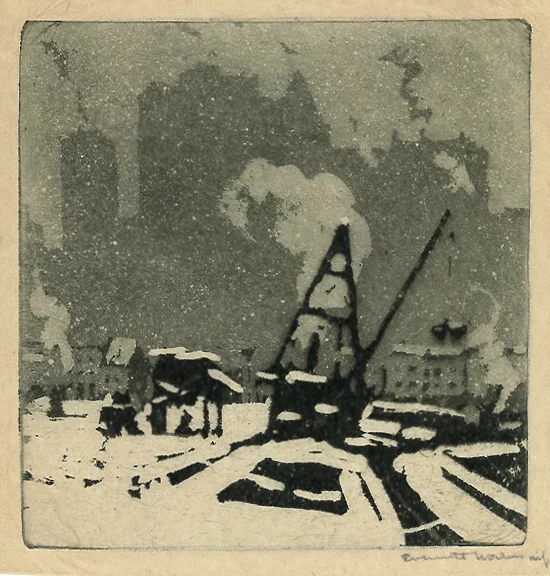 Everett Warner , Winter in the City , woodcut, plate size: 3 9/16 x 3 1/2 inches