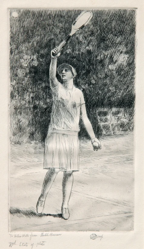 Childe Hassam , Helen Wills at Easthampton 2 , etching 8 3/4 x 4 7/8 inches, inscribed to Wills, lower right