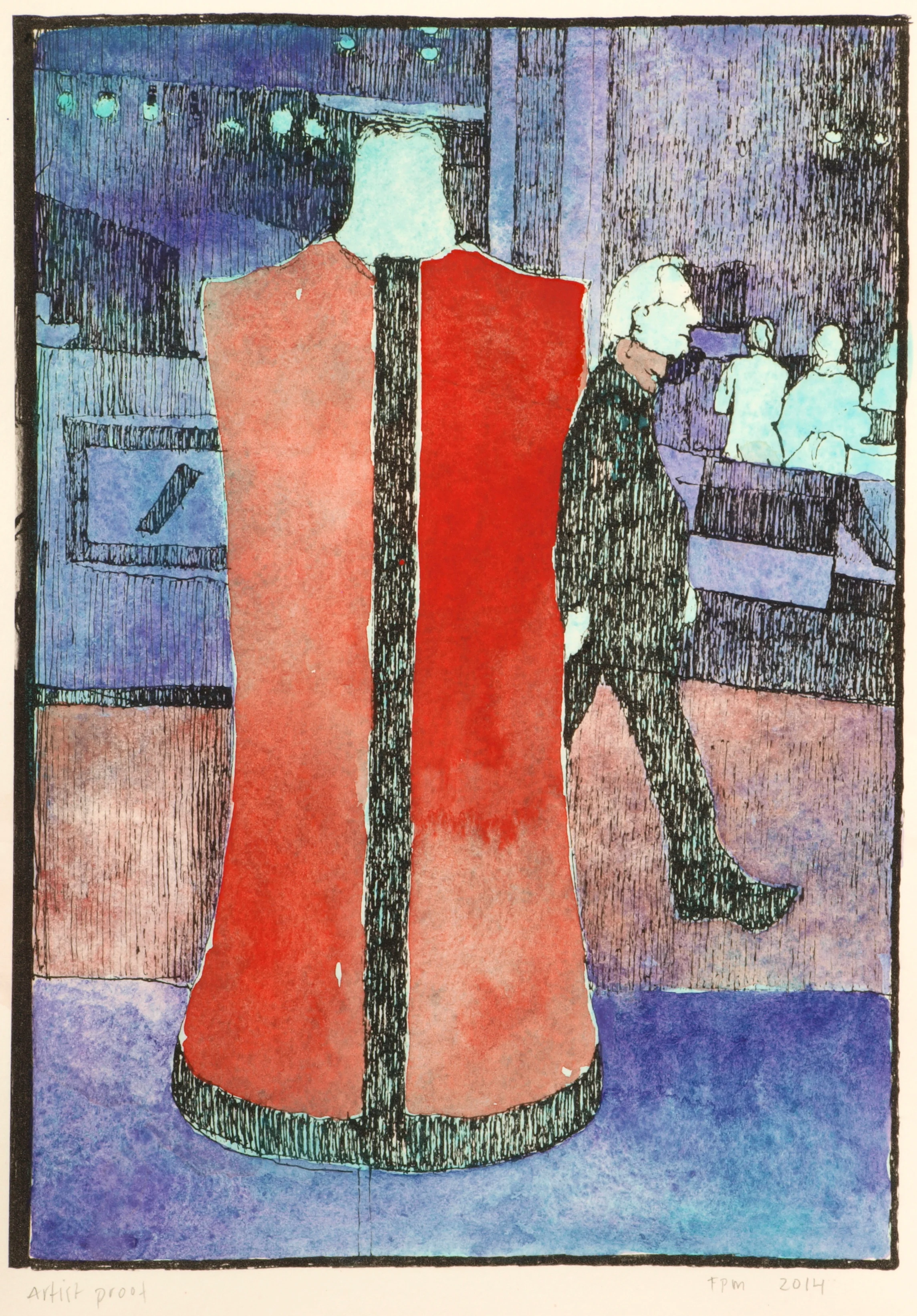 Frances Middendorf , Dress , hand colored etching: 9 x 6 inches