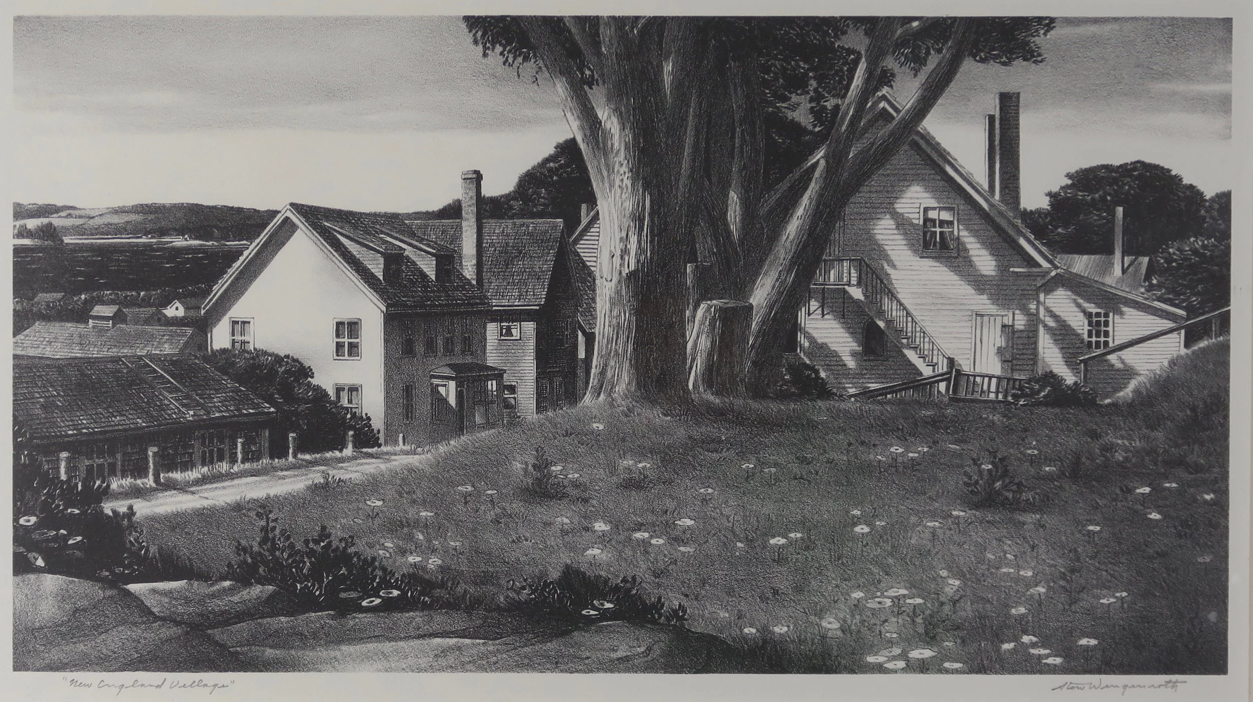 Stow Wengenroth , New England Village, Castine Maine , c. 1945, lithograph: 7 3/4 x 14 1/4 inches