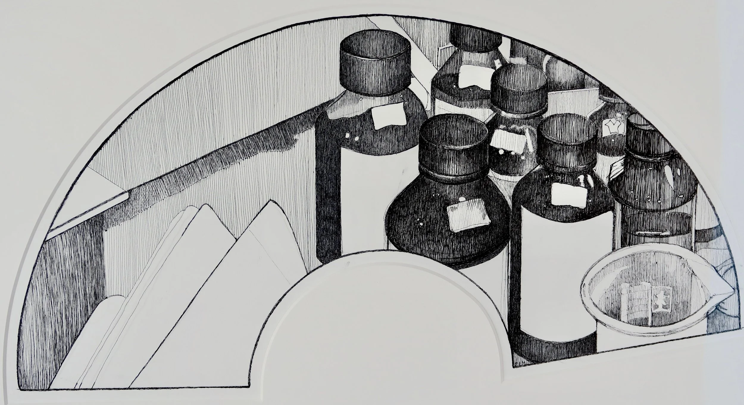 Frances Middendorf, Perfume Bottles , 2015/18, drawing in fan form: 9 1/2 x 18 inches