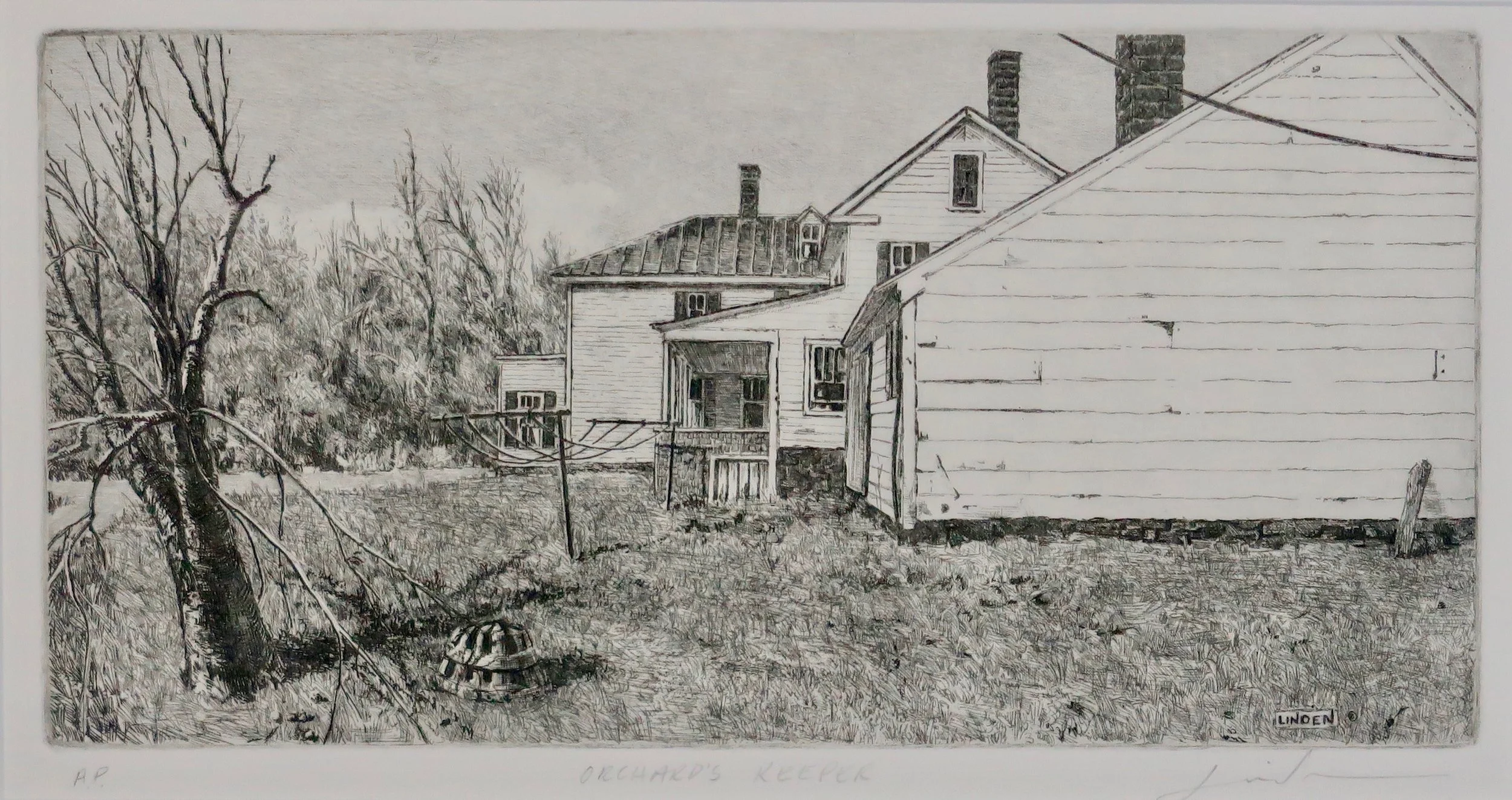 Linden Frederic , Orchard Keeper , 1998, etching: 5 1/2 x 10 inches