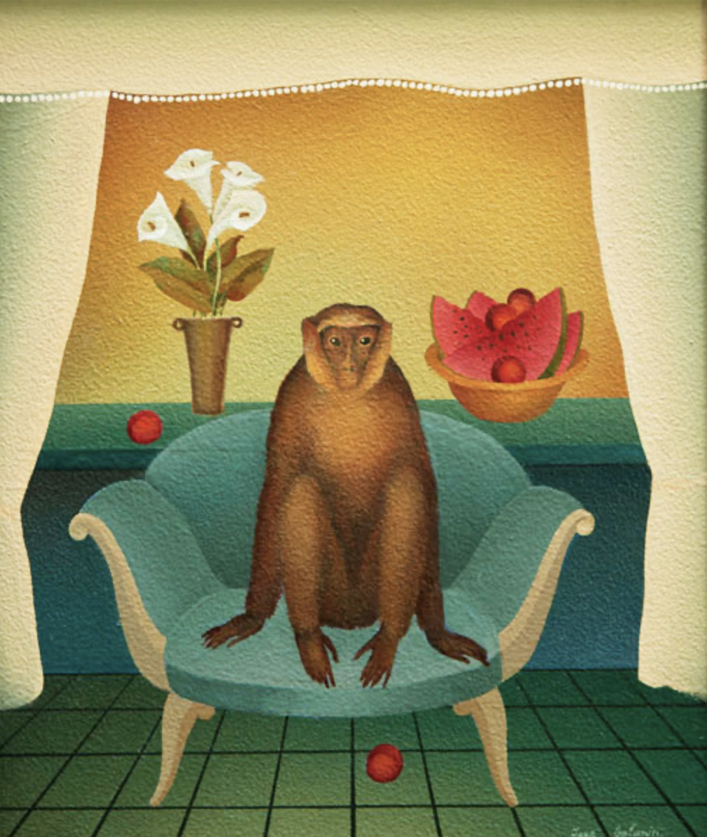 Monkey on Blue Couch, acrylic on canvas: 11 x 13.5 inches