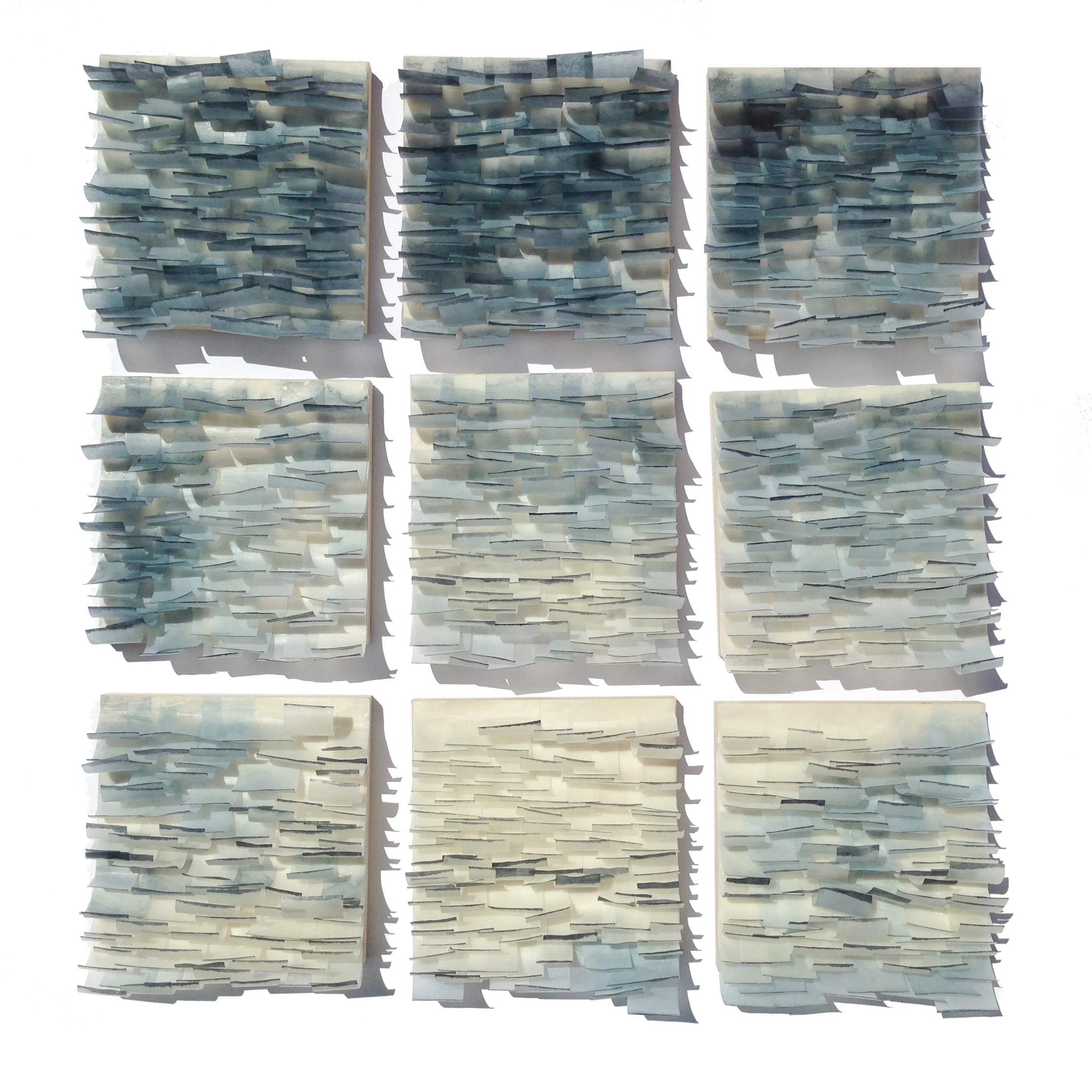 Flutter 9 15" x 15" (each panel is 5" x 5") Encaustic, Japanese Mulberry Paper, Watercolor