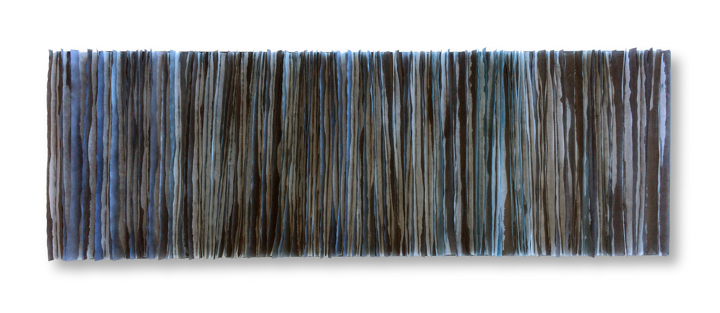  Plunge, 2016 (sold) Encaustic, Mulberry Paper, Watercolor 12 x 36&nbsp;x 1.5 inches  Plunge reflects the experience of being enveloped by water.  Layers of paper and understated color create a sense of depth whose appearance goes through subtle tran