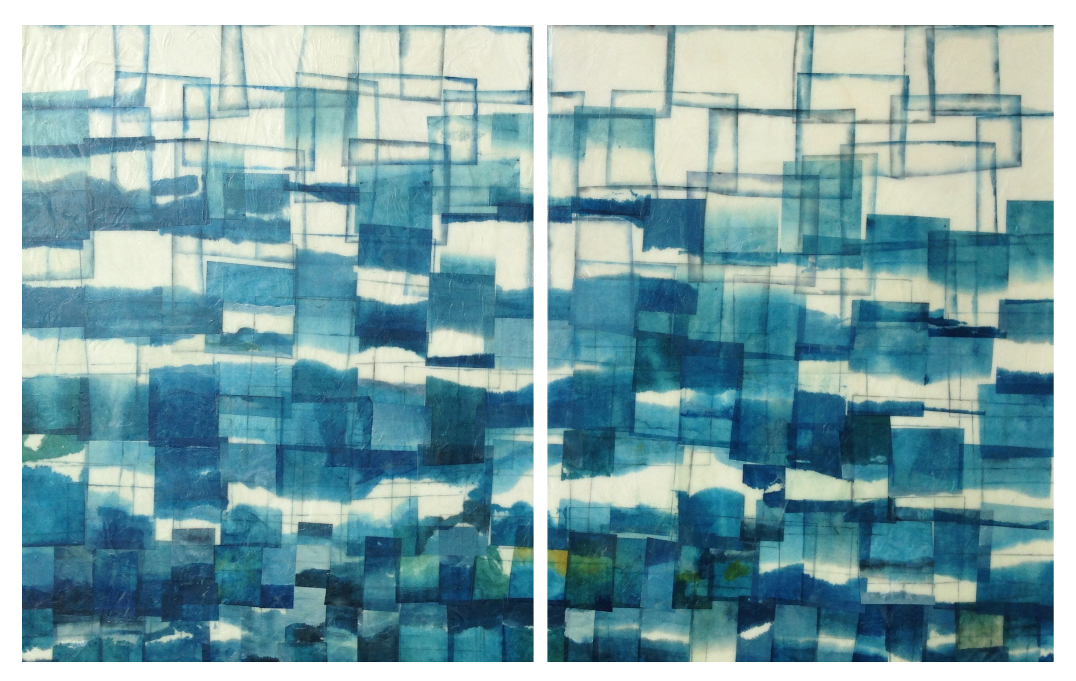  Seascape, 2013 (sold) Encaustic, Mulberry paper, watercolor 24 x 52&nbsp;x 1 inches  The ocean is never far from my mind and is a constant source of inspiration. I often attempt to capture the ever-changing luminosity and movement of the ocean’s sur