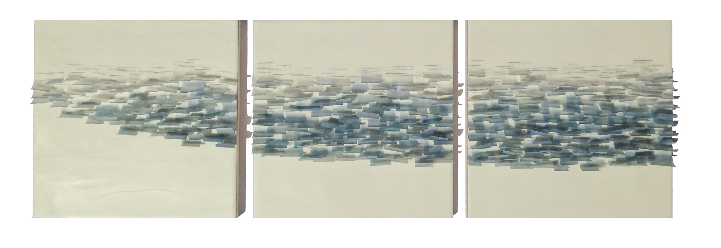  Flutter 5, 2014 (sold) Encaustic, Mulberry Paper, Watercolor 12 x 36&nbsp;x 1 inches  The Flutter series is designed to evoke the texture of ocean water.  The pieces in this series attempt to capture the ever-changing light, transparency and movemen