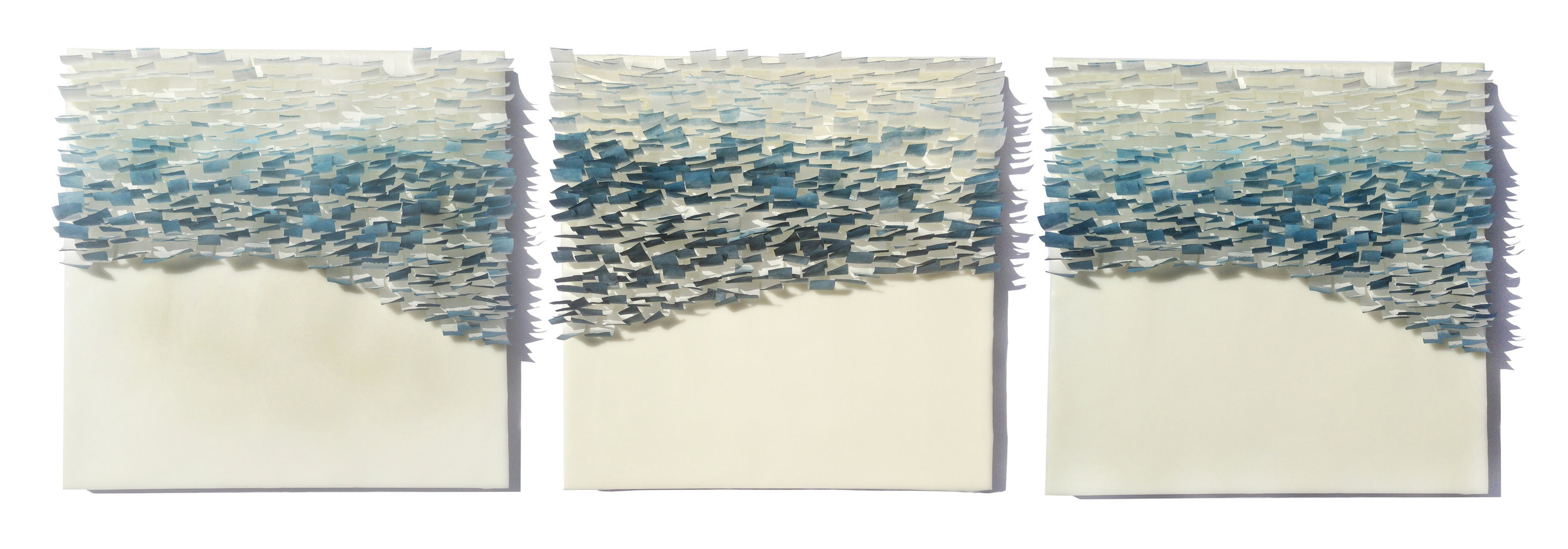  Flutter, 2014 (sold) Encaustic, Mulberry Paper, Watercolor on panel 12 x 36&nbsp;x 1 inches  The Flutter series is designed to evoke the texture of ocean water.  The pieces in this series attempt to capture the ever-changing light, transparency and 