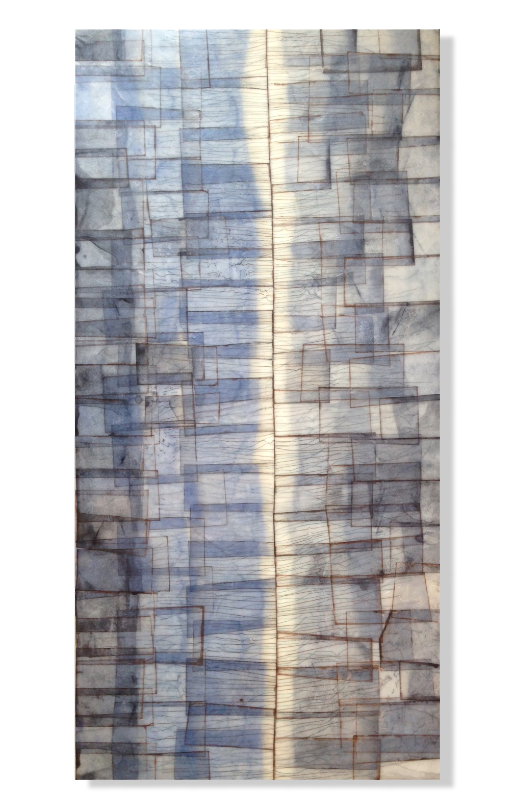  Divide, 2015 (sold) Encaustic, Mulberry Paper, Watercolor 12" x 24"&nbsp;x 2" 