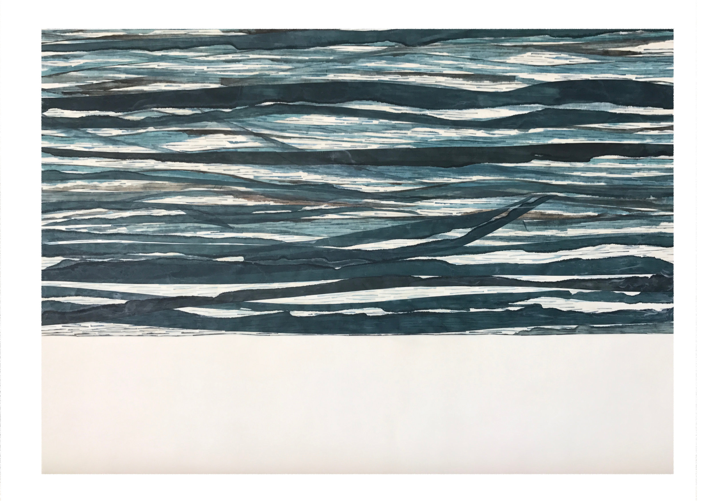  Swell 2, 2017 (sold) Encaustic, Mulberry paper, watercolor 30 x 40&nbsp;x 1.5 inches  The ocean is never far from my mind and is a constant source of inspiration. I often attempt to capture the ever-changing luminosity and movement of the ocean’s su