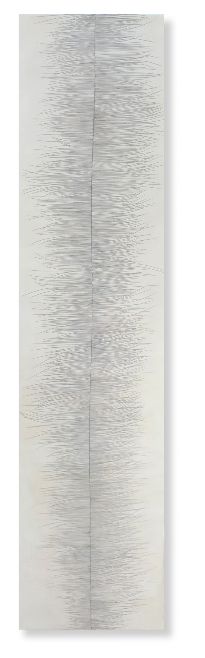  Threadline 3, 2017 (sold) Encaustic, Oil 48 x 12 x 1.75 inches&nbsp;  The Threadline Series is inspired by visual observations made in my studio environment, in nature and on neighborhood walks: left-over loops of thread; a crisp white line in a dar