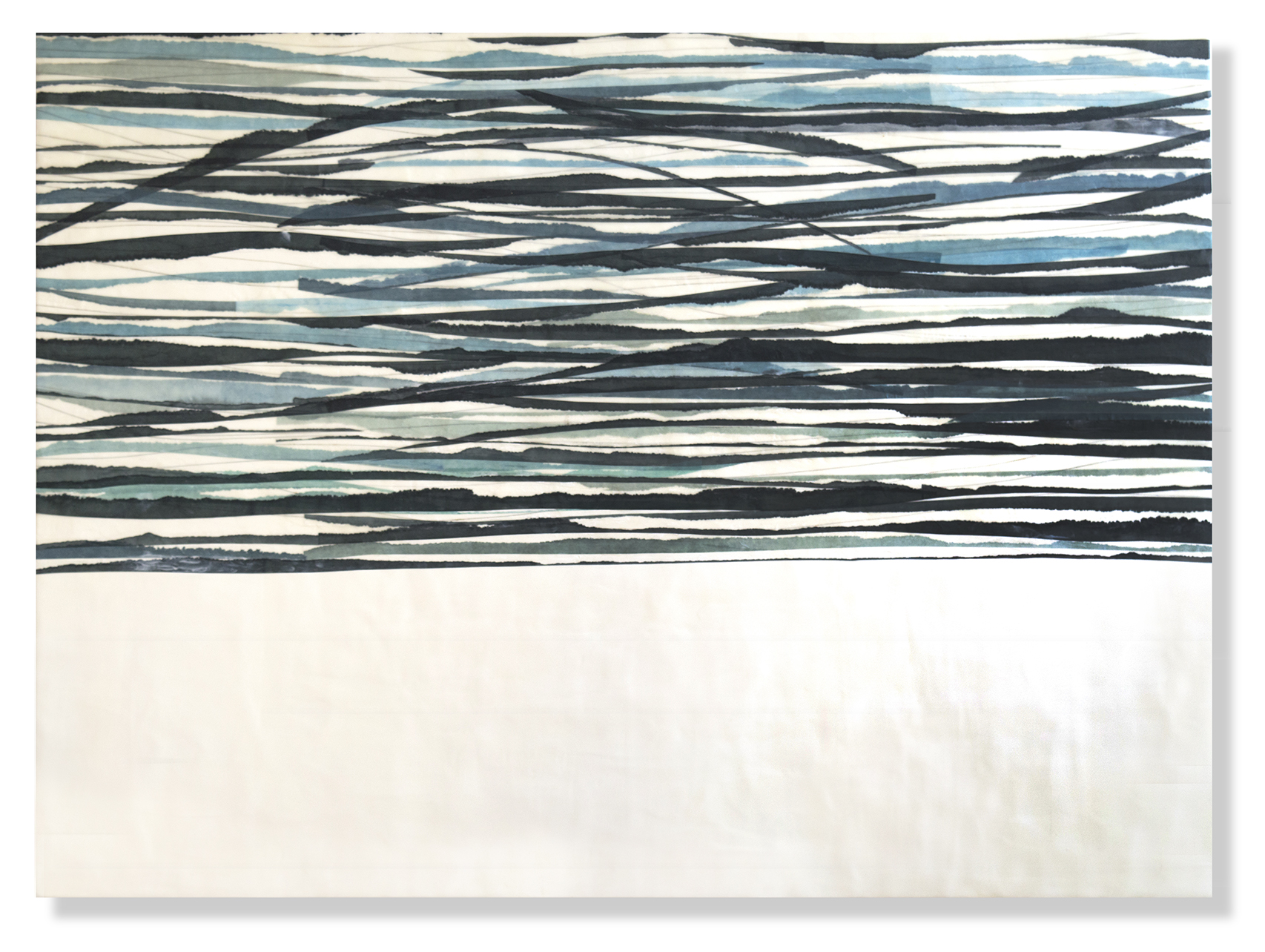  Swell 3, 2017 (sold) Encaustic, Mulberry paper, watercolor 3 x 4&nbsp;feet  The ocean is never far from my mind and is a constant source of inspiration. I often attempt to capture the ever-changing luminosity and movement of the ocean’s surface usin