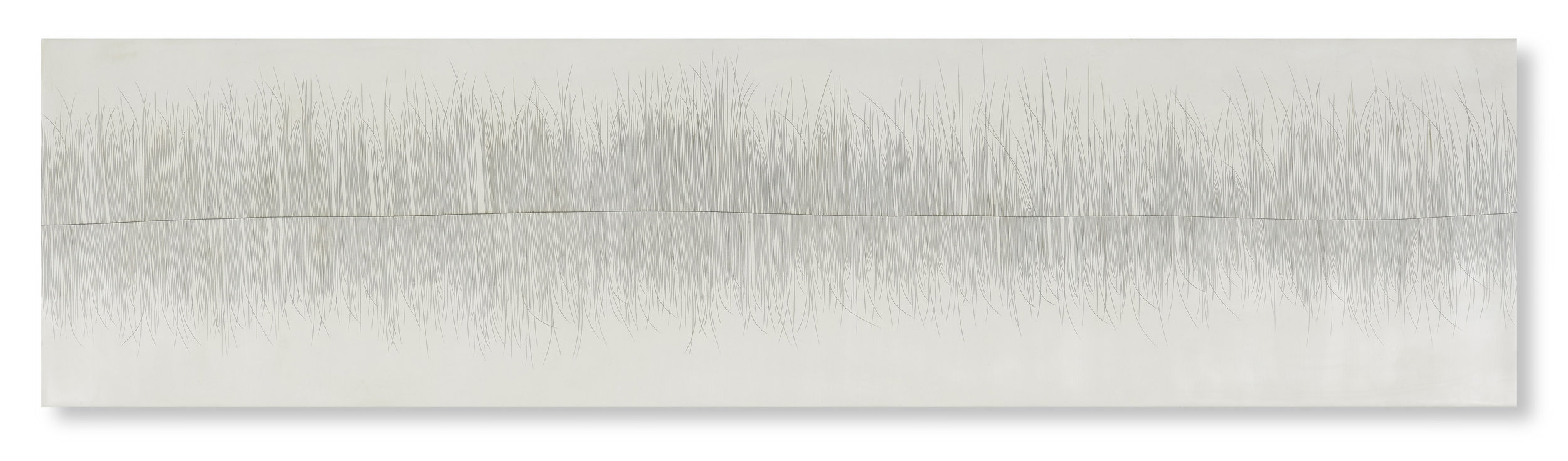  Threadline 11, 2017 (sold) print available Encaustic, Oil 12 x 48 x .75 inches (can hang vertically or horizontally)  The Threadline Series is inspired by visual observations made in my studio environment, in nature and on neighborhood walks: left-o