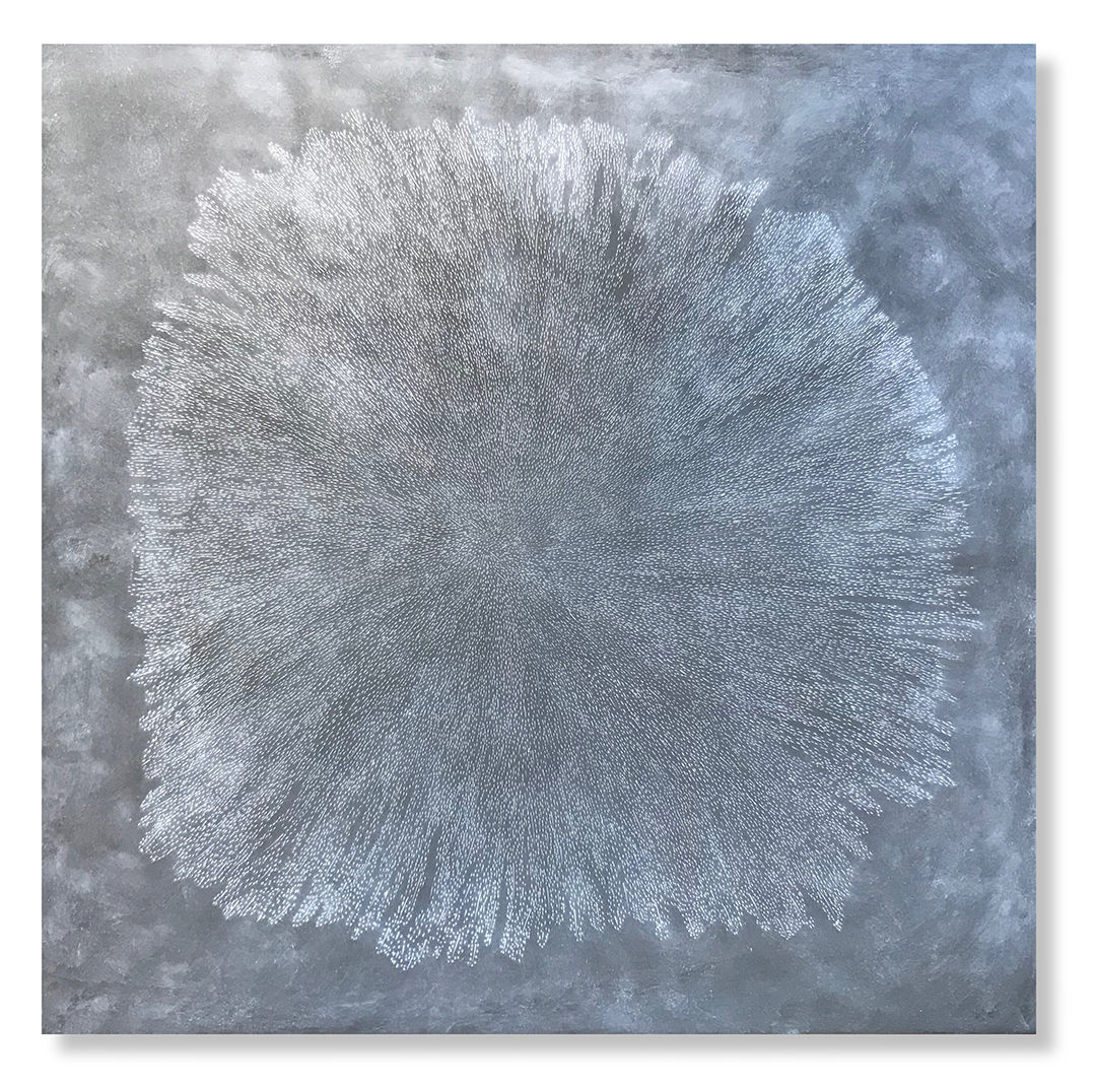  Dark Matter 4, 2018 (sold) Encaustic, Oil 24 x 24 inches  The Dark Matter/Antimatter series evokes the nanoscopic aspect of the world around us, which at some point transitions from the visible and the material into an invisible field of energy – on