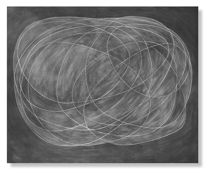  Encircle 11, 2018 (sold) Encaustic, Oil 48 x 60 x 1.5 inches  The Encircle series form a distant echo of my time at the Brooklyn Academy of Music and its emphasis on contemporary performance and choreography. Movement is expressed as simple line wor