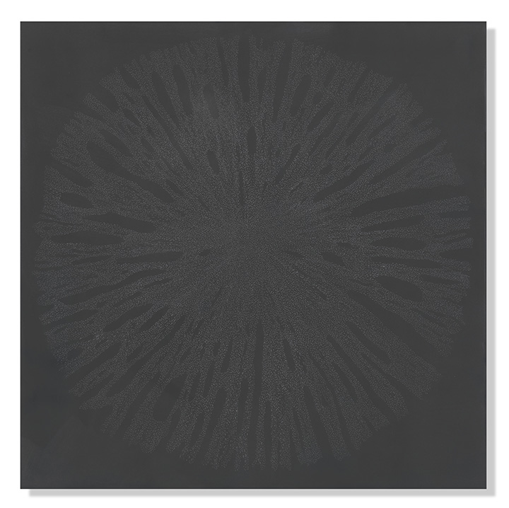  Dark Matter 9, 2018 Encaustic, Oil 20 x 20 inches  The Dark Matter/Antimatter series evokes the nanoscopic aspect of the world around us, which at some point transitions from the visible and the material into an invisible field of energy – one than 