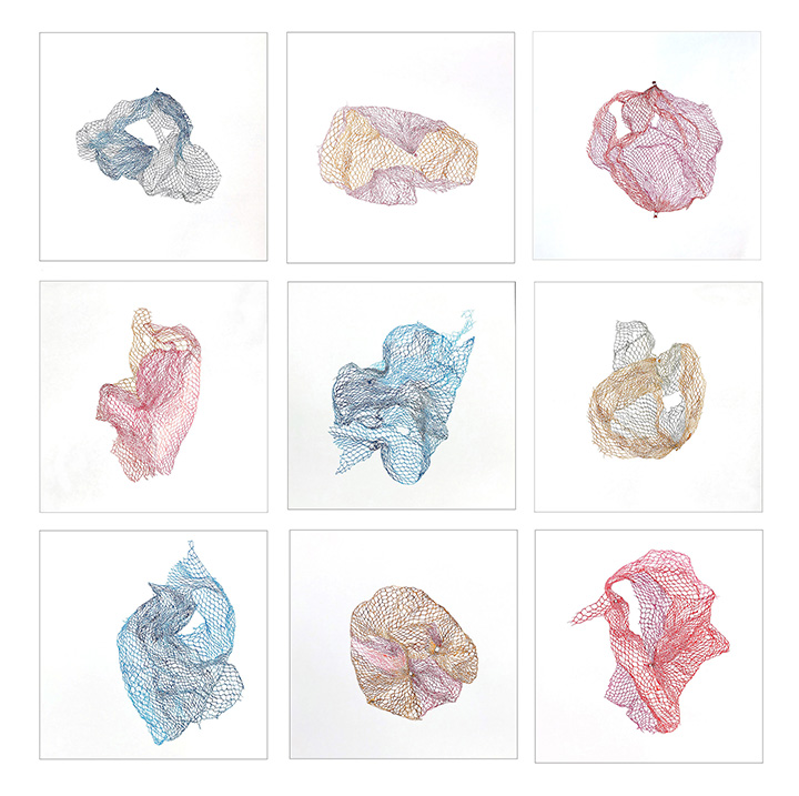  Netted Bag Series from Ordinary Exhibit, 2019 Watercolor on Canson Mix Media 14.75 x 14.75 inches (each)  I’m attracted to mundane and discarded everyday materials. Netted fruit bags have been a recurring obsession, and I love losing myself in the p