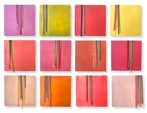  Mood Board 1-12, 2019 (sold) Encaustic, Mulberry paper, watercolor 8 x 8 inches each (26 x 35 inches)  The Moodboards are an exploration of the subtle ways colors interact and influence each other. Strips of dyed mulberry paper are juxtaposed with a
