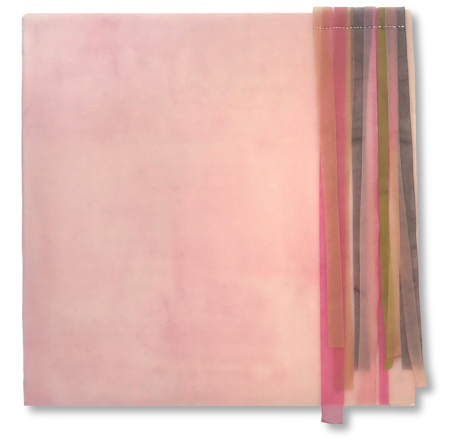  Mood Board 12, 2019 Encaustic, Mulberry paper, watercolor 8 x 8 inches  The Moodboards are an exploration of the subtle ways colors interact and influence each other. Strips of dyed mulberry paper are juxtaposed with an intense flat color, reminisce