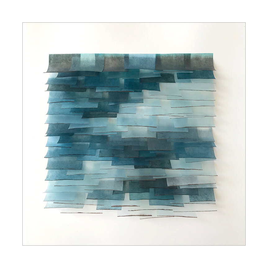  Light Flutter 6, 2019 (sold) Encaustic, Mulberry Paper, Watercolor 10.5 x 10.5 x 2 inches  The Flutter series is designed to evoke the texture of ocean water.  The pieces in this series attempt to capture the ever-changing light, transparency and mo