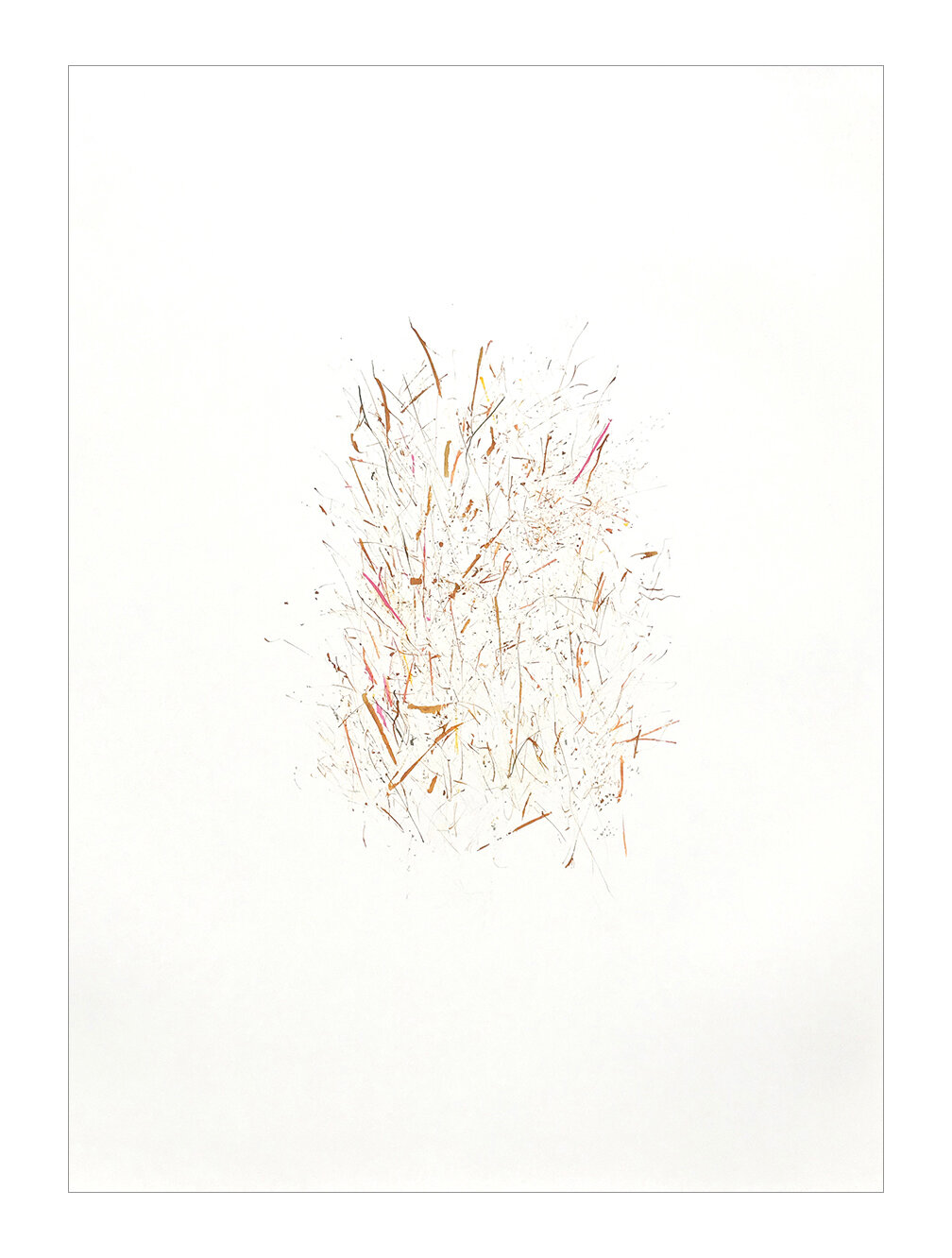  Field Vision, 2020 Watercolor on Somerset 30 x 22 inches  The Unfettered Series is created using the trim waste from brochures retrieved from a printer: when dipped in ink and dragged along a surface, these thin strips of paper become mark-making to