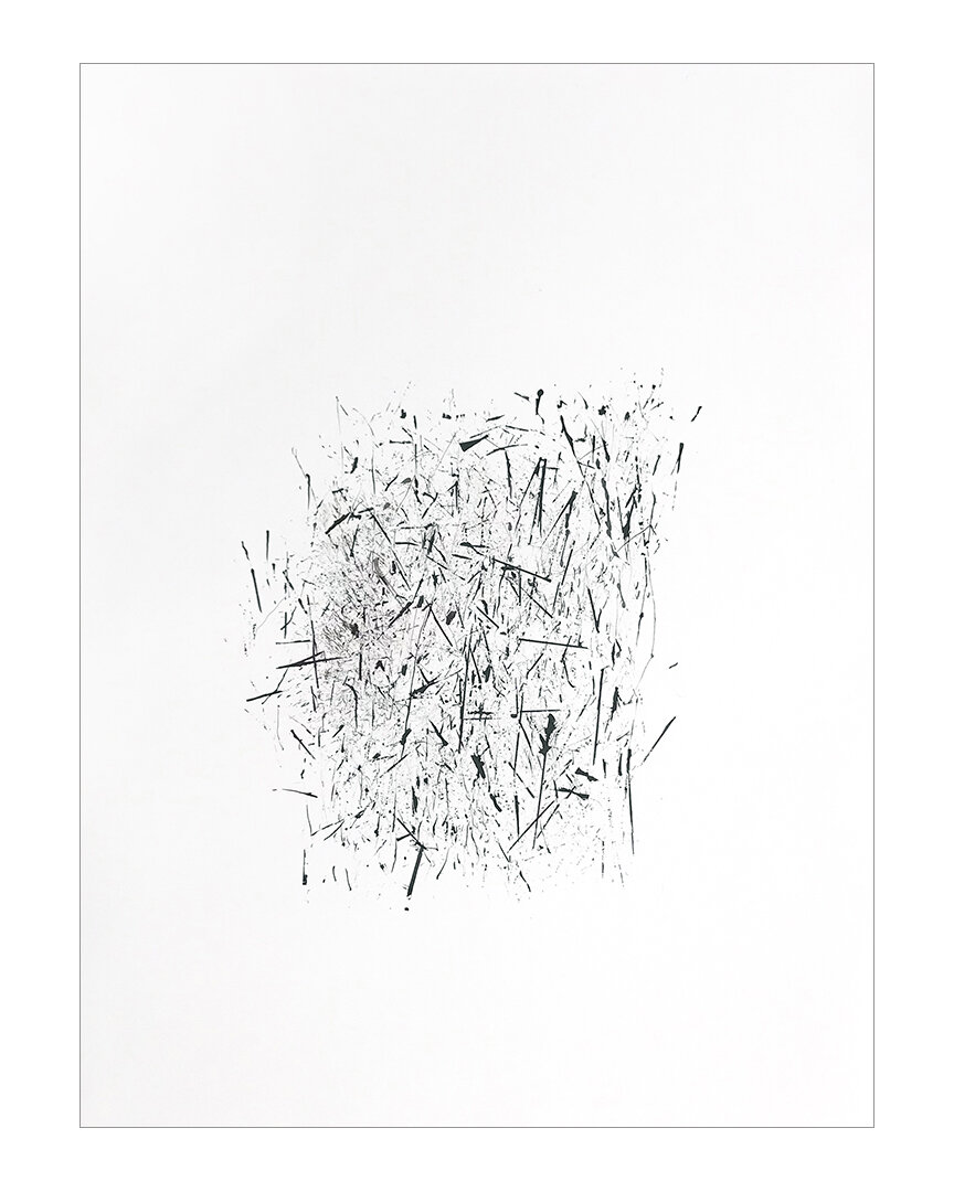 Rumble, 2020 India Ink on Somerset 30 x 22 inches  The Unfettered Series is created using the trim waste from brochures retrieved from a printer: when dipped in ink and dragged along a surface, these thin strips of paper become mark-making tools tha