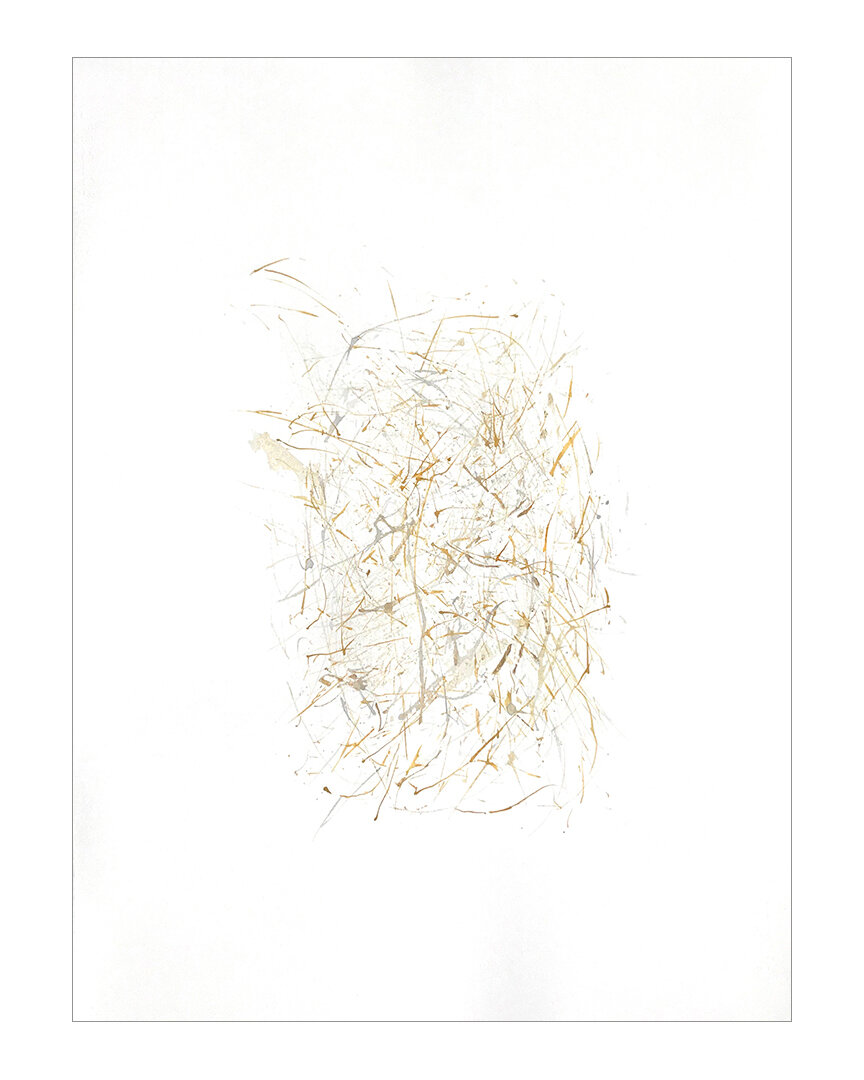  Undone, 2020 Metallic watercolor on Somerset 30 x 22 inches  The Unfettered Series is created using the trim waste from brochures retrieved from a printer: when dipped in ink and dragged along a surface, these thin strips of paper become mark-making