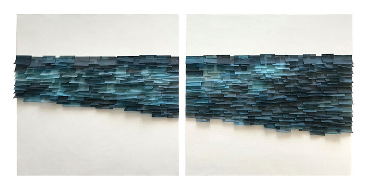  Light Flutter 1, 2020 (sold) Encaustic, Mulberry Paper, Watercolor 20 x 40&nbsp;x 1.75 inches  The Flutter series is designed to evoke the texture of ocean water.  The pieces in this series attempt to capture the ever-changing light, transparency an