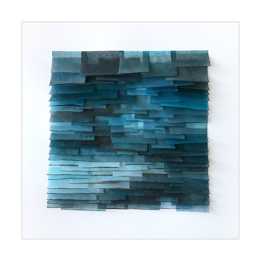  Light Flutter 10, 2020 (sold) Mulberry paper, watercolor, wax  10.5 x 10.5 x 2 inches  The Flutter series is designed to evoke the texture of ocean water.  The pieces in this series attempt to capture the ever-changing light, transparency and moveme