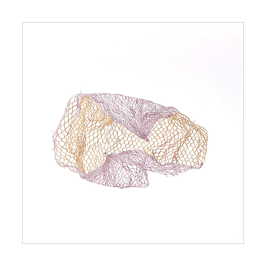  Netted Bag A, 2019 Watercolor on Somerset 14.75 x 14.75 inches  I’m attracted to mundane and discarded everyday materials. Netted fruit bags have been a recurring obsession, and I love losing myself in the process of drawing the tangle of lines. The