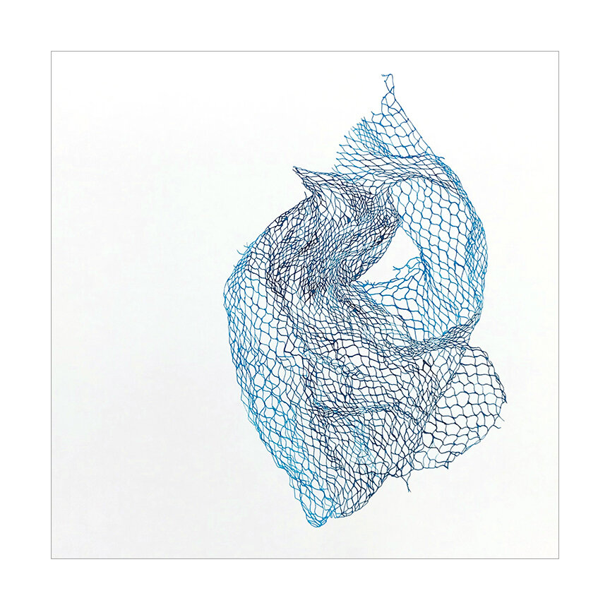  Netted Bag B, 2019 (sold) Watercolor on Somerset 14.75 x 14.75 inches  I’m attracted to mundane and discarded everyday materials. Netted fruit bags have been a recurring obsession, and I love losing myself in the process of drawing the tangle of lin