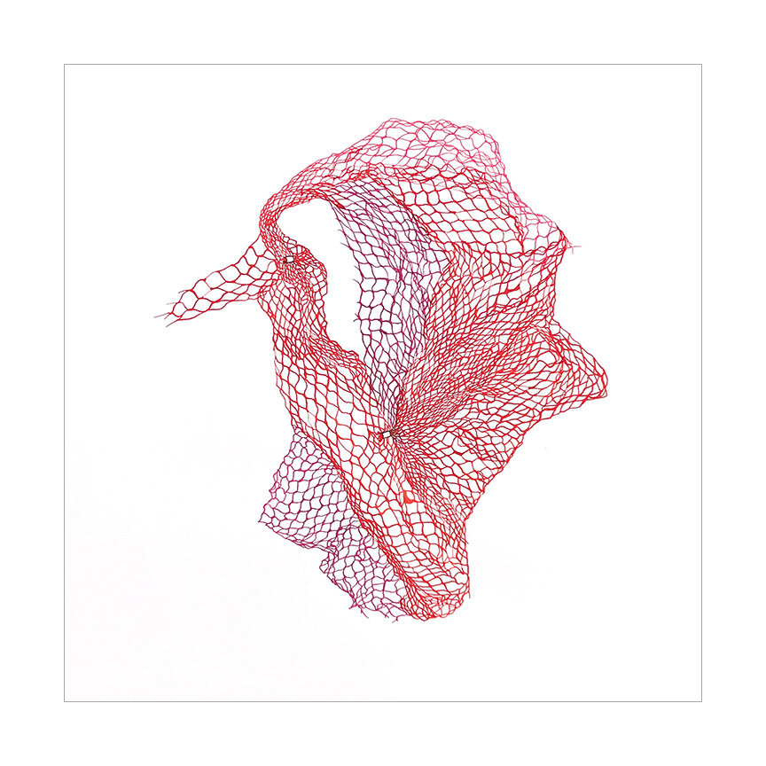  Netted Bag C, 2019 Watercolor on Somerset 14.75 x 14.75 inches  I’m attracted to mundane and discarded everyday materials. Netted fruit bags have been a recurring obsession, and I love losing myself in the process of drawing the tangle of lines. The