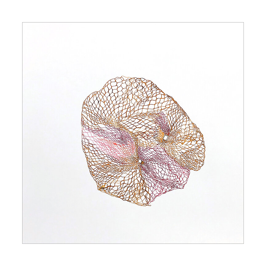  Netted Bag E, 2019 Watercolor on Somerset 14.75 x 14.75 inches  I’m attracted to mundane and discarded everyday materials. Netted fruit bags have been a recurring obsession, and I love losing myself in the process of drawing the tangle of lines. The