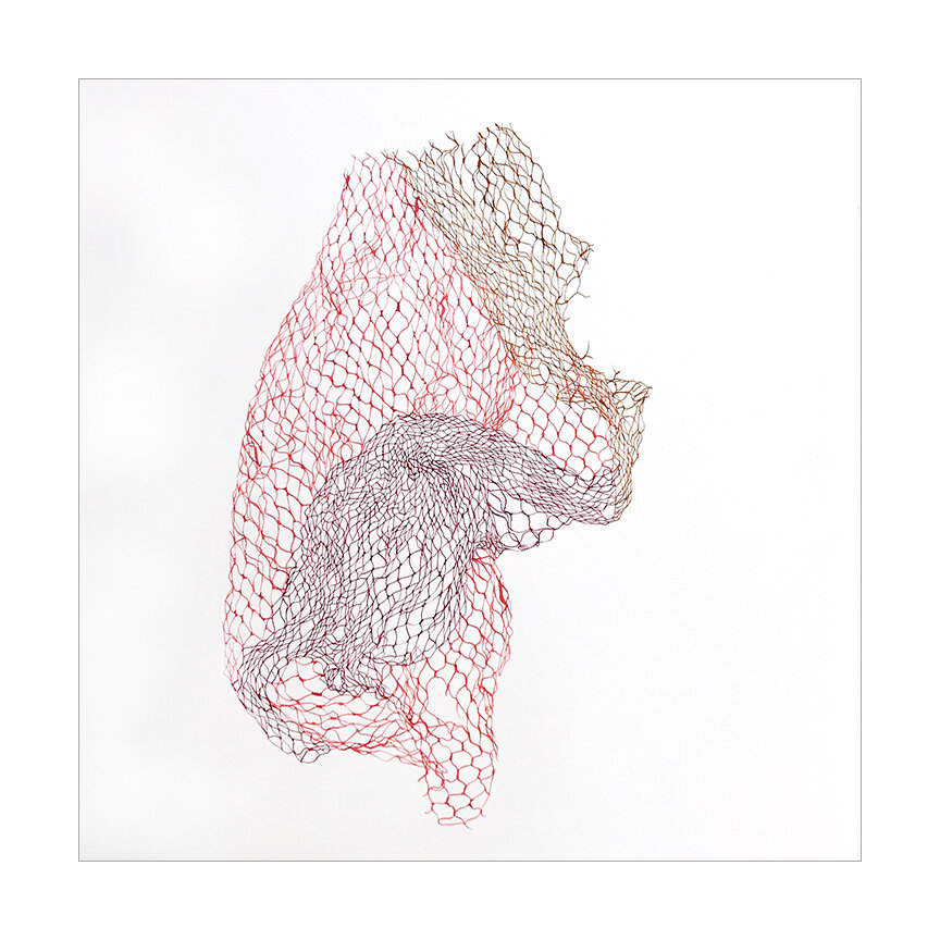  Netted Bag F, 2019 Watercolor on Somerset 14.75 x 14.75 inches  I’m attracted to mundane and discarded everyday materials. Netted fruit bags have been a recurring obsession, and I love losing myself in the process of drawing the tangle of lines. The