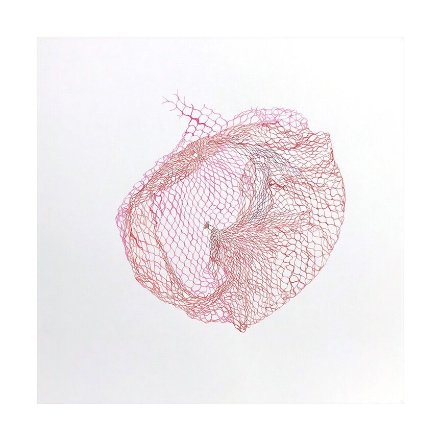  Netted Bag H, 2019 Watercolor on Somerset 14.75 x 14.75 inches  I’m attracted to mundane and discarded everyday materials. Netted fruit bags have been a recurring obsession, and I love losing myself in the process of drawing the tangle of lines. The