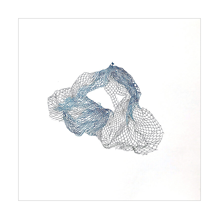  Netted Bag I, 2019 Watercolor on Somerset 14.75 x 14.75 inches  I’m attracted to mundane and discarded everyday materials. Netted fruit bags have been a recurring obsession, and I love losing myself in the process of drawing the tangle of lines. The