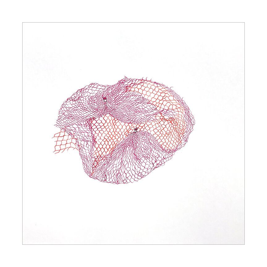  Netted Bag L, 2019 Watercolor on Somerset 14.75 x 14.75 inches  I’m attracted to mundane and discarded everyday materials. Netted fruit bags have been a recurring obsession, and I love losing myself in the process of drawing the tangle of lines. The