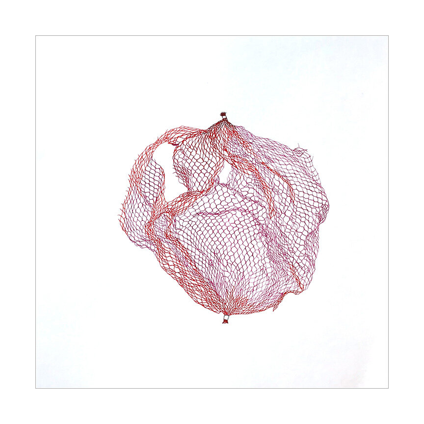  Netted Bag M, 2019 Watercolor on Somerset 14.75 x 14.75 inches  I’m attracted to mundane and discarded everyday materials. Netted fruit bags have been a recurring obsession, and I love losing myself in the process of drawing the tangle of lines. The