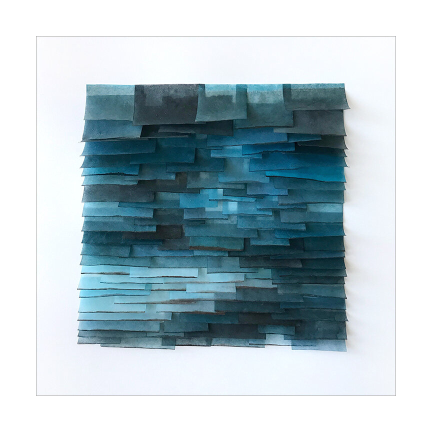  Light Flutter 10, 2020 (sold) Encaustic, Mulberry paper, watercolor 10.5 x 10.5 x 2 inches  The Flutter series is designed to evoke the texture of ocean water.  The pieces in this series attempt to capture the ever-changing light, transparency and m