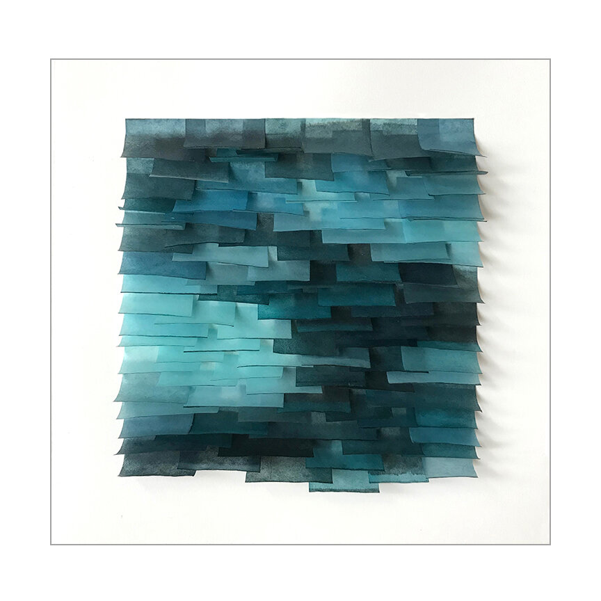  Light Flutter 13, 2020 (sold) Encaustic, Mulberry paper, watercolor 10.5 x 10.5 x 2 inches    The Flutter series is designed to evoke the texture of ocean water.  The pieces in this series attempt to capture the ever-changing light, transparency and