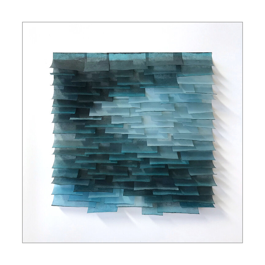  Light Flutter 14, 2020 (sold) Encaustic, Mulberry paper, watercolor 10.5 x 10.5 x 2 inches  The Flutter series is designed to evoke the texture of ocean water.  The pieces in this series attempt to capture the ever-changing light, transparency and m