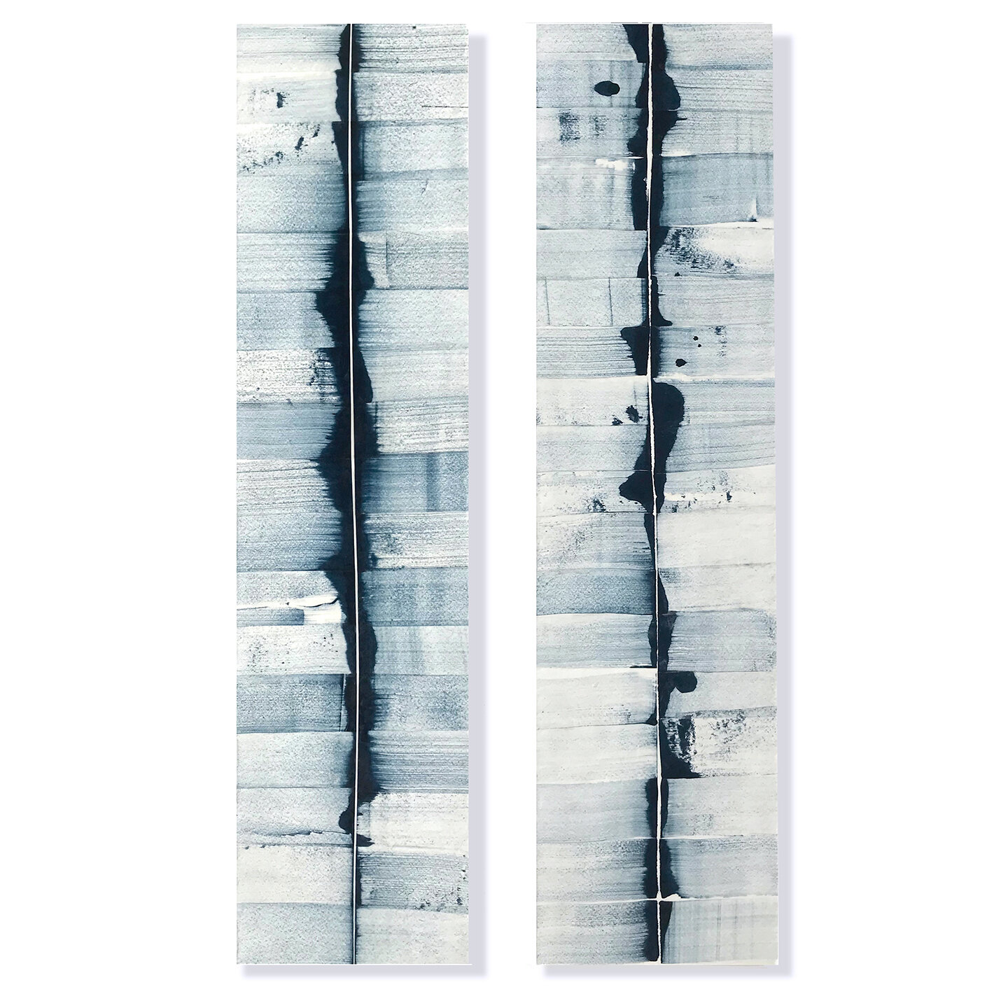  Riverbed 1 &amp; 2, 2021 (sold) Encaustic, Mulberry Paper, India Ink 48 x 12 x 1.75 inches (each)   Inspired by California’s weather extremes of drought and flooding, the riverbed series evokes California’s parched creeks, which contain a memory of 