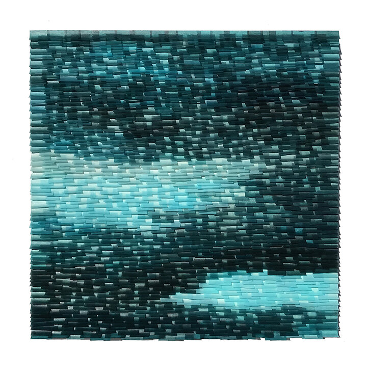 Light Flutter 15, 2021 (commission) Encaustic, Mulberry Paper, Watercolor 30 x 30 x 2 inches  The Flutter series is designed to evoke the texture of ocean water.  The pieces in this series attempt to capture the ever-changing light, transparency and