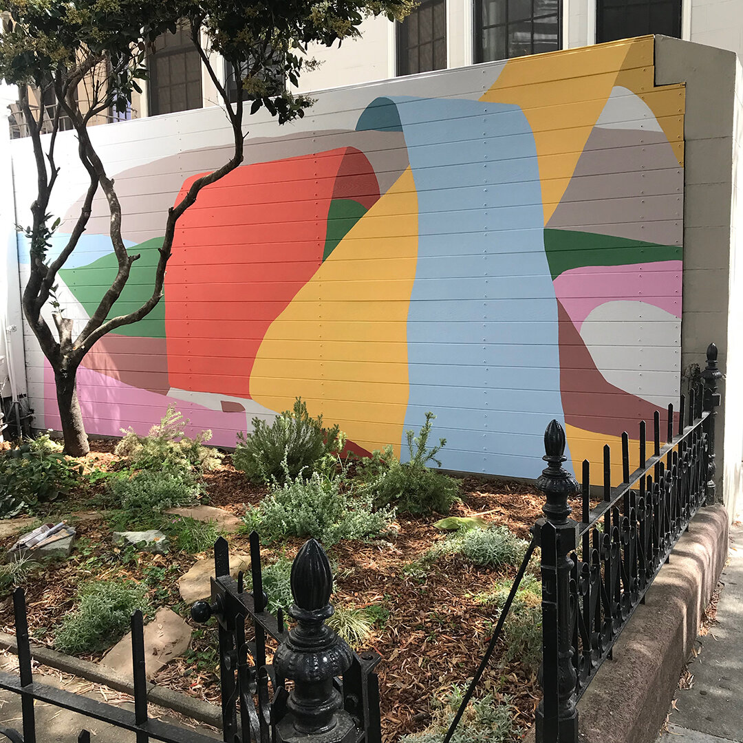  Happy Day, 2021  10 x 20 feet Acrylic paint  Capp Street, San Francisco  This mural was commissioned by a young couple with small children. The mural is located on Capp Street in San Francisco’s vibrant Mission District; it covers a wall facing the 